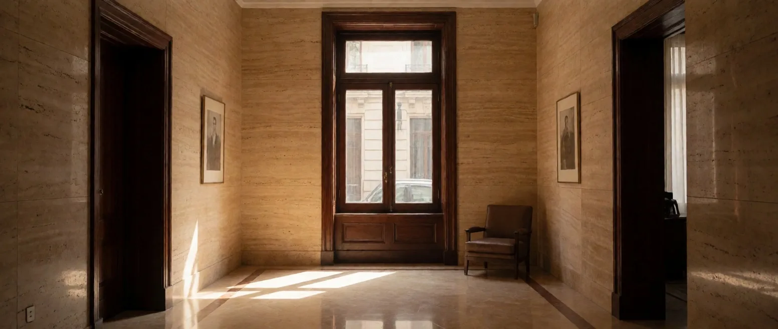 Lobby de clínica privada con luz cálida de Buenos Aires